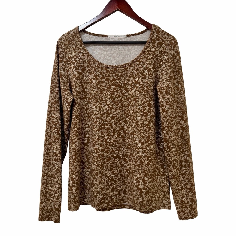 Peruvian Connection Floral Pima Cotton Long‎ Sleeve Top Size L Brown Cottagecore